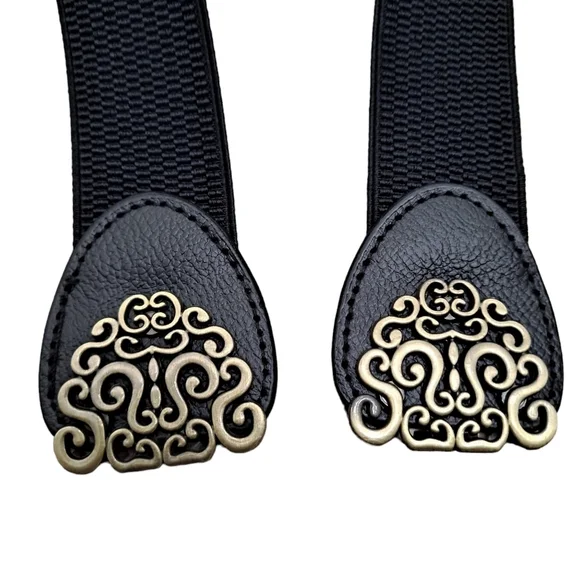 Black gold floral buckle faux leather corset boho stretch waist statement belt - Picture 10 of 12